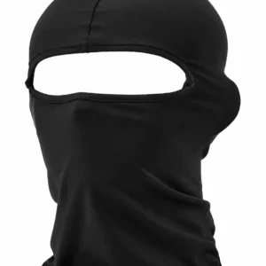 Balaclava negra de licra vista de frente: capucha de una sola pieza con costura central en la coronilla, abertura amplia que deja libres los ojos y la nariz, y cuello largo que cae hacia los hombros